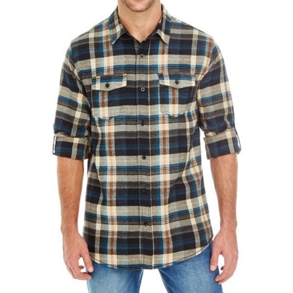 Burnside B8210 Plaid Flannel Shirt Mens Small Khaki Blue Workwear Cabincore